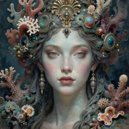 portrait of an impossibly beautiful sea goddess, graceful, esoteric, muted colors, head in focus, high fantasy art, ocean corals aesthetics, ornamental, intricate details, elegant, highly detailed, hyperrealistic painting, artstation, concept art, painterly, sharp focus, illustration, epic art by hans jokem bakker