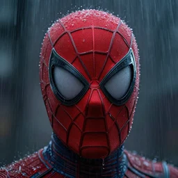Peter Parker open his mask , wet face , heavy rain ,dramatic, intricate, highly detailed, concept art, smooth, sharp focus, illustration, Unreal Engine 5, 8K