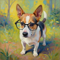 a surreal psychedelic painting of a dog with glasses looking at the ground