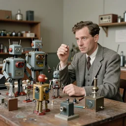 (((((1950s inventors workshop full or robots . muted colors.))))) by Jean-Baptiste Monge !!!!!!!!!!!!!!!!!!!!!!!!!!!