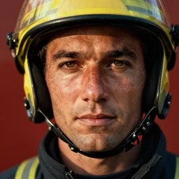 close up face male portrait of a fire fighter who just finished is last shift.