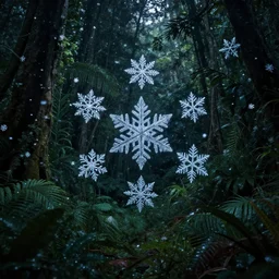 highly detailed photo of snowflakes glowing in dark night jungle, hyper realistic, art by greg rutsowski, concept art, 8 k detail post - processing