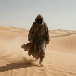 mysterious figure in a cloak walking through sandstorm in desert, hyperrealistic cinematic 8 k