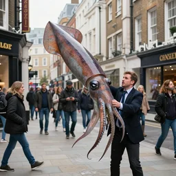 1 9 8 8, a colour photograph of an enormous squid attacking a professional looking man in a london high street. bypassers walk past without any care