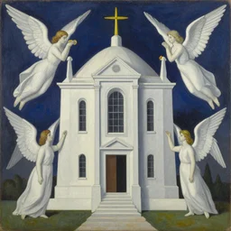 an original painting by remedios varo, a building surrounded by angels