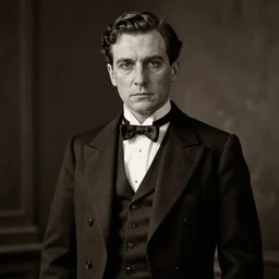 ultrarealistic sepia portrait of a 1 9 2 0 s era male magician, well dressed, slicked - back hair, long - tailed tuxedo coat, black bow tie, atmospheric lighting, dark, brooding, painted, intricate, photography, ultra detailed, art deco, well composed, best on artstation, cgsociety, epic, stunning, gorgeous, intricate detail, much wow, masterpiece