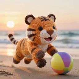a closeup photorealistic photograph of a cute smiling knitted tiger hippopotamus chasing towards a beachball at sunset. surf in background. professional capture. brightly lit scene. this 4 k hd image is trending on artstation, featured on behance, well - rendered, extra crisp, features intricate detail, epic composition and the style of unreal engine.
