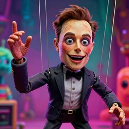 the world's richest man is a ventriloquist dummy from hell!, psychedelic horror trip, elon musk! as the puppet master, strings attached to the puppet, patterned skin, trending on artstation, photorealism, vibrant colors, digital art, octane render, cinematic, close up.