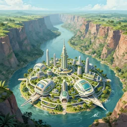 A beautiful illustration of a domed retro futuristic garden city built across a massive river canyon on a tropical world by Robert McCall | sparth:.2 | Time white:.2 | Rodney Matthews:.2 | Graphic Novel, Visual Novel, Colored Pencil, Comic Book:.2 | unreal engine:.6 | first person perspective:.6 | establishing shot:.7