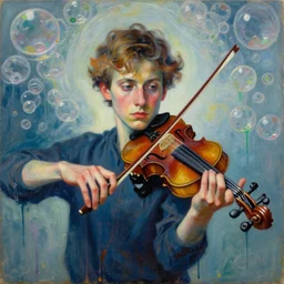 portrait of a young violinist focusing, violin flying, painted by vincent lefevre and hernan bas and pat steir and hilma af klint, psychological, symmetrical face, dripping paint, washy brush, background with hundreds of bubbles of memories by andreas gursky, rendered in octane, altermodern, masterpiece