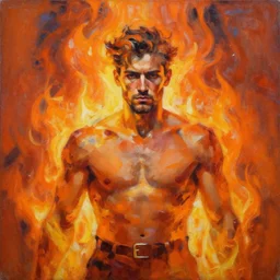 abstract painting of man engulfed in flames, handsome. Stubble. by craig mullins, featured on artstation. Portrait. Soviet era pose. Orange. Pain