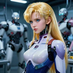sci - fi magazine photoshoot. intensely staring aside distantly. close portrait. dbz gero robotics laboratory bg. pretty beautiful feminine cybertronic blonde androideighteen painted by norman rockwell. character by akira toriyama and hideaki anno. bodysuit. lighting by james gurney. masterpiece. artgerm mucha rutkowski. artstation.