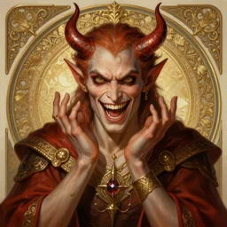 portrait of the devil telling a joke, solarpunk, baldurs gate! intricate, elegant, highly detailed, ray tracing, digital painting, artstation, concept art, smooth, sharp focus, illustration, art by artgerm and greg rutkowski and alphonse mucha, 8 k