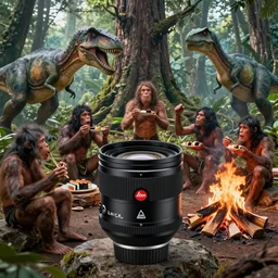 2 4 mm leica anamorphic lens, photo, hyper detailed, neanderthal people celebrating first contract with aliens!, eating sushi, surrounded by dinosaurs!, gigantic forest trees, sitting on rocks, bonfire, close up camera on bonfire level