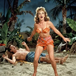 the image is a lost horror hollywood film still 1 9 3 0 s photograph of a tropical theme dressed actress reacting to a sudden death scene. vibrant cinematography, anamorphic lenses, crisp, detailed image in 4 k resolution.