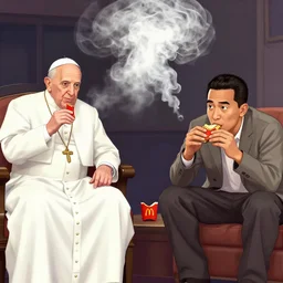 big smoke from gta, eating mc donalds with the pope and shinzo abe, ( sony a 7 r iv, symmetric balance, polarizing filter, photolab, lightroom, 4 k, dolby vision, photography award ) photo by slim aarons, award winning, 4 k