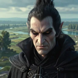 an ultra realistic cinematic close up headshot portrait of an evil wizard, background of a vast serene landscape with trees and rivers, detailed, deep focus, movie still, dramatic lighting, ray tracing, by michal karcz and yoshitaka amano