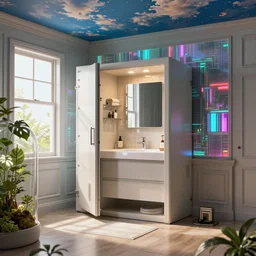 artstation scifi scene of a safe like ikea ad, bathroom furniture, room ceiling sky mural, holographic glitchart walls, windows, large terrarium, paneled walls, unreal engine 5, hyper realism, realistic shading, cinematic composition, blender rendering, octane rendering, hdr, detailed textures, photorealistic, wide shot
