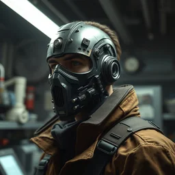 a half - masked rugged engineer man with cybernetic enhancements in a laboratory, scifi character portrait by greg rutkowski, esuthio, craig mullins, 1 / 4 headshot, cinematic lighting, dystopian scifi gear, gloomy, profile picture, mechanical, half robot, implants, steampunk