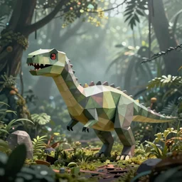 holographic low - poly dinosaurs in a foggy jungle, by greg rutkowski