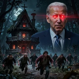 Joe Biden with glowing red laser eyes, Baba Yaga house chasing down terrified peasants, dark and spooky forest