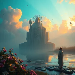 ta ha, volumetric lighting, highly detailed, by greg rutkowski, complementing colors, god looking at me, heavy rainy, lofty heavens, holy man looking at ground, water reflection, flowers, hyper realistic, concept art, 8 k detail post - processing