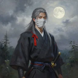 painting of samurai standing calmly wearing a fabric mask, long gray hair, in. forrest, sky is cloudy and full moon, a red ribbon on his clothes, sword, hyperrealism, trending on artstation