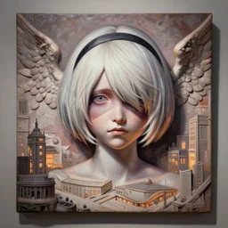 hybrid nierautomata painting, ambient lighting, angel relief, cute - fine - face, infinitely detailed architectures