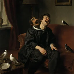 laughing, birds - eye view, dark cinematic light, furnished retro style room, by john everett millais