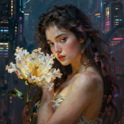 a beautiful closeup portrait painting of a flower goddess in a sensual pose, in the style dan mumford artwork, in the background a futuristic cyberpunk city with lit windows is seen.