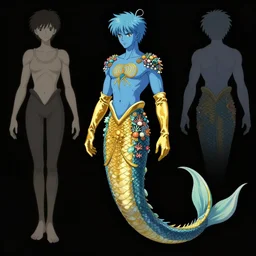 concept designs for a blue merman that is ethereal and wears arm length golden gloves, he has a single serpent tail, and his clothes are inspired by a golden peacock and he is covered in coral and barnacles, art by yuji ikehata and satoshi kon and miyazaki ghibli, anime