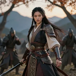 gorgeous warrior princess in a battle scene, hyperdetailed, open long hair, beautiful intricately decorated clothing, natural pose, mountains on the back, autumn tree, backlight, dusk, shallow depth of field, fantasy matte painting, coherent composition, karole bak, mohrbacher, hasui kawase
