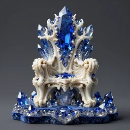 baroque mandelbulb throne carved out of millions of blue saphire crystals and white bone ivory on velvet crystalline stone plateau by haeckel rendered in octane 8 k