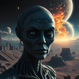 full - face close - up portrait, your mom is a cosmic horror by bruce brenneise and peter mohrbacher and h r giger, alien ancient ruins in background, exoplanet exploding in the sky, alien planet with craters and large structures, 3 d render, neosurrealism. digital concept art, pixel art, rendered in octane, trending on cgsociety, trending on artstation