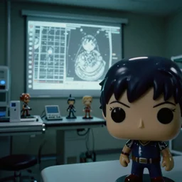 fuji 5 0 r, 3 5 mm, hyperrealism ; closeup ran film still of mri lab interior with window view ; in the background projection of beautiful matrix film still of seinen manga funko pop cyborg statue scene ; style of 1 9 9 0 frontier in extreme closeup porcelain photography magazine architectural studio edition, highly detailed, cinematic lighting, 8 k