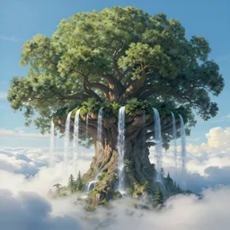Painting of a massive fantasy continent held in the sky above the clouds in the branches of a gargantuan oak tree with waterfalls flowing off the side.