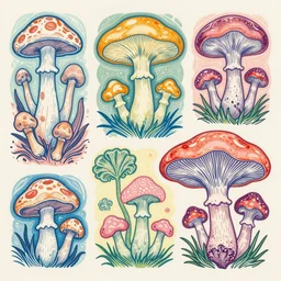 colorful print of mycelium and fungi botanical artwork, multicolor lino block print with vignettes, created by ernst haeckel, greg hildebrandt, mary delany, tiffany bozic in the style of painting toon shades, colorful ink, vibrant, pastel, color vector, smooth curves, graphical, detailed, trending in art station