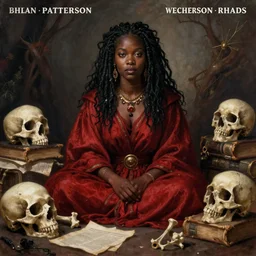a female dnd wizard's portrait by brian patterson and rhads, black, african, red robes, necromancer, bones, skulls, papers and tomes