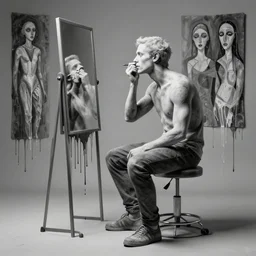 portrait of a morphed gamer sitting on a stool looking into a mirror doing makeup by james jean and luc tuymans and beeple and hernan bas and pat steir and hilma af klint, psychological, 3 d, dripping paint, monochrome, high quality render, masterpiece