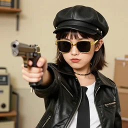 photo where a cute gangster chick appears with sunglasses, gold caneda pointing a gun