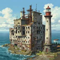 a beautiful very detailed anime illustration of architecture building city abandoned industrial architecture lighthouse urbex by henri rousseau, sea, archdaily, wallpaper, highly detailed, trending on artstation.