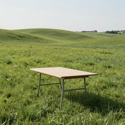 professional photograph of a singular table in an infinite rolling field, surreal, hd, 4 k, 8 k