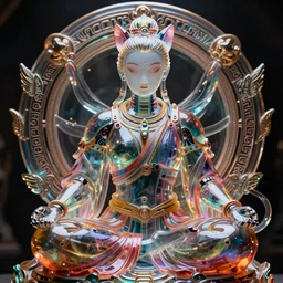 vibrant ultra clear sculpture of beautiful cyborg samourai god meditation, cat's ears position, cybernetics, low contrast, cinematic dramatic lighting, hyper realistic detailed intricate render, hypermaximalist, ornate, epic composition, 4 k 8 k, cryengine octane blender, sharp focus, concept art, masterpiece by laurie greasley ron english