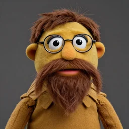 muppet with a very long brown goatee and long mustache, glasses and short brown hair.
