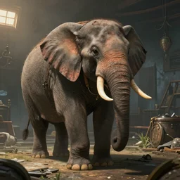 An elephant , in a room, in a post apocalyptic setting, ghibli, unreal 5, DAZ, hyperrealistic, octane render, RPG portrait, dynamic lighting