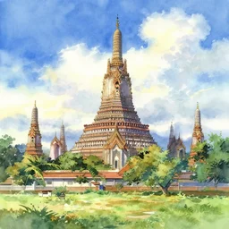 sukhothai in the sunny day, watercolor, sukhothai in background, high quality realistic landscape, anime, romantic sky, volumetric lighting, art by makoto shinkai