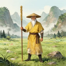 a chinese battle monk, wearing a faded yellow toga, a straw hat, holding a wooden long staff that is perpendicular to the floor, long white beard, beautiful valley with a meadow and dozens of mountains, lots of shading, full body shot, drawn in the style of dungeons and dragons