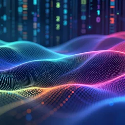digital painting, octane render, trending artstation, abstract wave moving dots, hi - tech, waving particle technology, illustration, flow particles, vibrant colors, big data background, shallow depth of field, concept art, highly detailed, design, cinematic lighting, background design, photorealism, epic