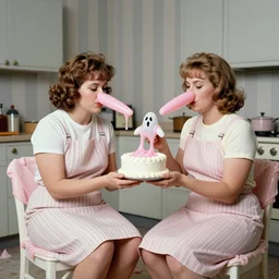 1985 two curvy women in a vintage kitchen baking a cake wearing an inflatable long prosthetic snout nose made of gooey pink slime, soft color wearing stripes sitting on chairs covered in soft fabric, pink slime everywhere, grey striped walls, studio lighting 1985 color film archival footage holding a hand puppet that looks like Caspar the Friendly Ghost, 16mm Russ Meyer John Waters Almodovar Doris Wishman