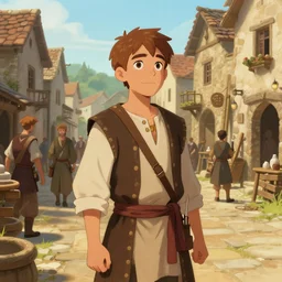 peasant boy in busy medieval village, deviantart, artstation,